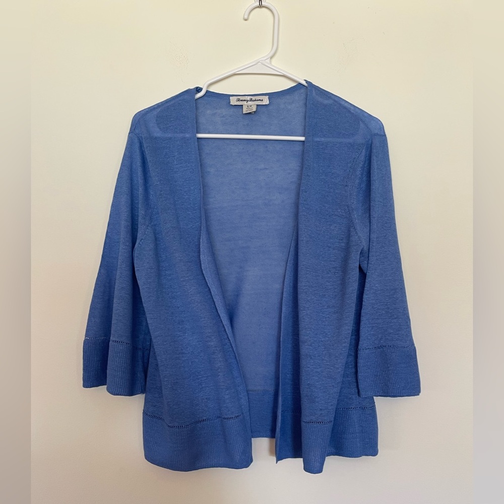 Tommy Bahama 100% linen  Blue Open-Front Lightweight Cardigan flared sleeves